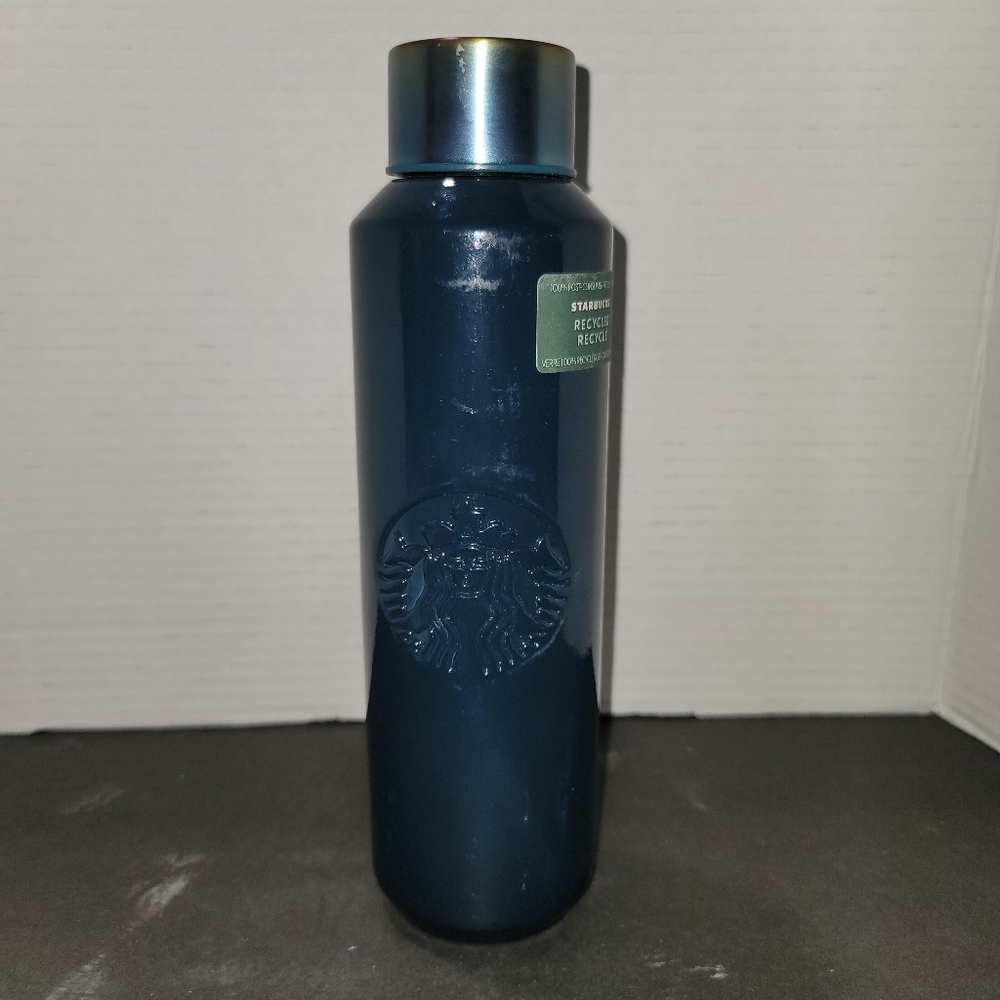 Starbucks 2022 Dark Blue Recycled Glass Water Bottle Tumbler Cup 20oz W/ Siren
